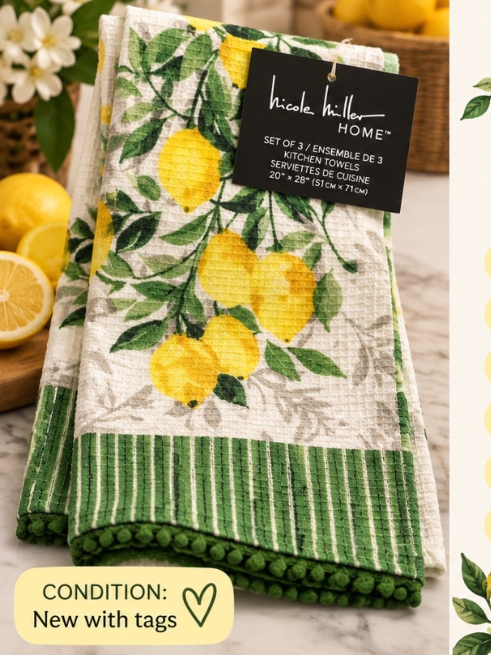Nicole Miller Home Lemon Kitchen Towels Set of 3 Yellow Green NWT